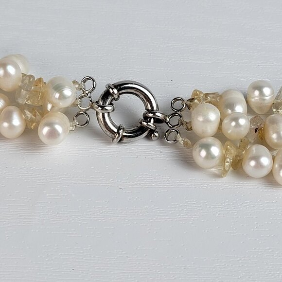Natural Pearl And Agate 3-Strand Beaded Statement Necklace  Chunky 3-Strand Natural Pearl Agate Beaded Statement Necklace 21\